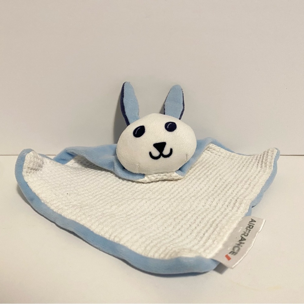 Air France Bunny Lovey Blue White Waffle Security Blanket Blankie Baby Boy Girl
